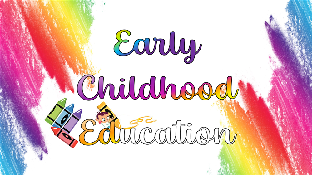 Early Childhood Education banner with little boy coloring in the letters with his crayons
